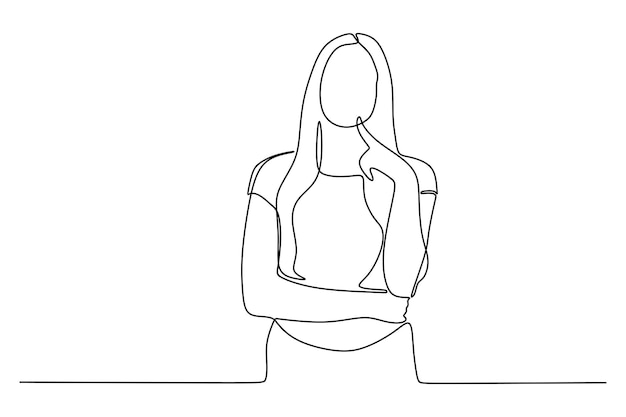 Continuous line drawing of woman thoughtful serious smart expression, pondering answer, having doubt