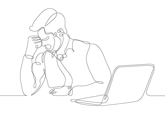 continuous line drawing thinking man businessman behind laptop