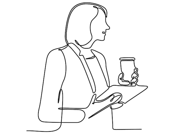 continuous line of businesswomen carrying paper documents and glasses of tea