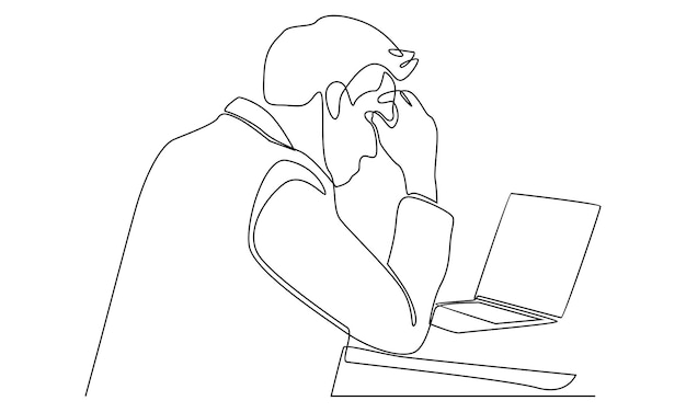 Continuous line of overworked businessman is under stress with headache