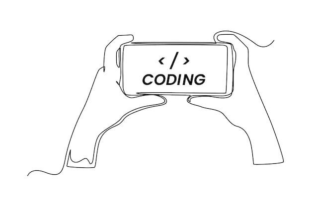 Continuous one line drawing hand hold coding smartphone Programming code concept Single line draw design vector graphic illustration