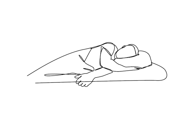 Continuous one line drawing happy man sleep regularly Concept of home health care activities Single line draw design vector graphic illustration