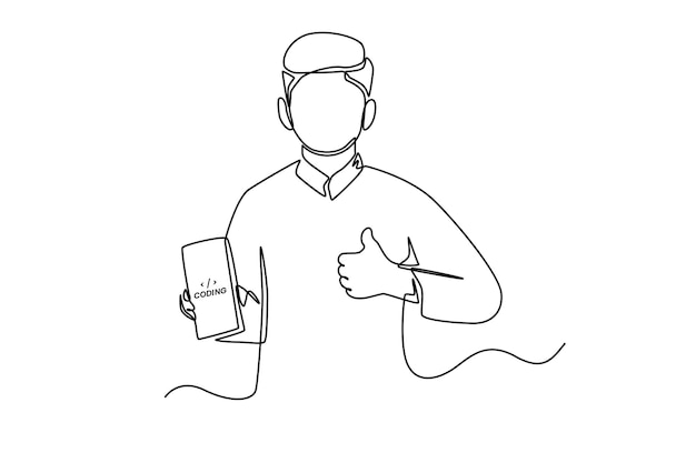Continuous one line drawing happy programmer hold code programming for smartphone Programming code concept Single line draw design vector graphic illustration