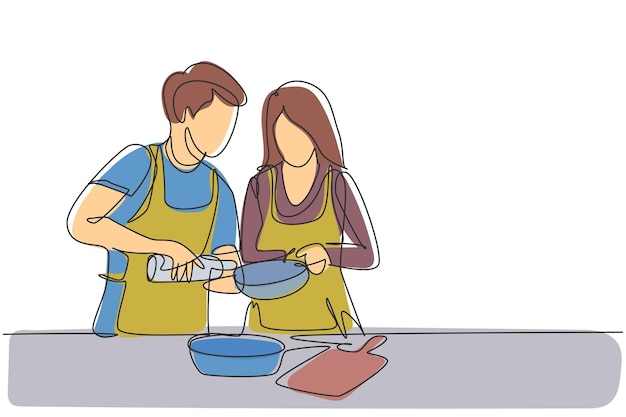 Continuous one line drawing happy romantic couple pour oil into a pan which is being held vector