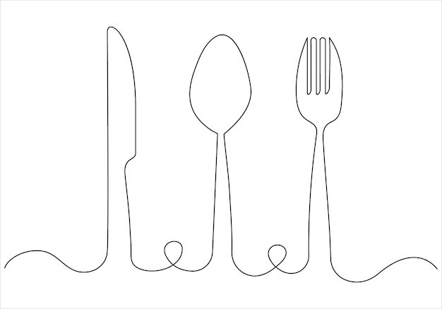 continuous one line drawing of fork knife spoon and plate out line vector art illustration