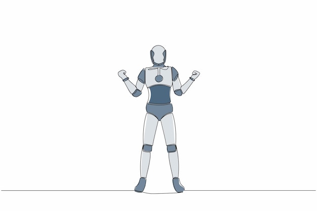 Continuous one line drawing of happy robot standing with both hands yes gesture vector illustration