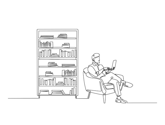 Continuous one line drawing of man sitting in armchair beside the library bookshelf