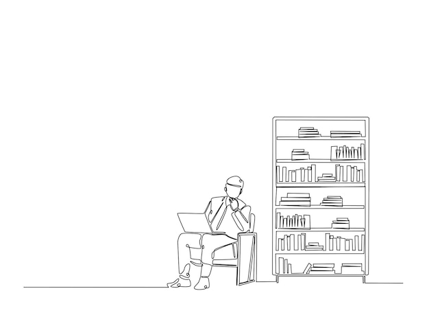 Continuous one line drawing of man sitting in armchair beside the library bookshelf