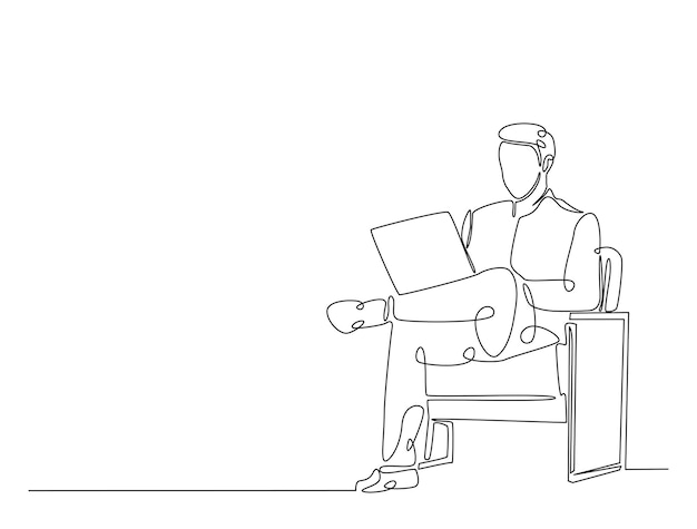 continuous one line drawing of man sitting in cozy armchair working on laptop