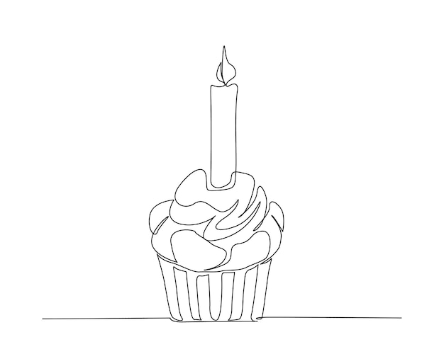 continuous one line drawing of muffin cake cupcake birthday cake with candle outline