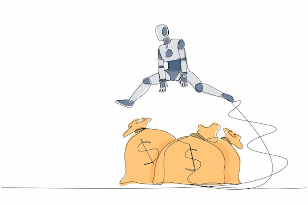 Continuous one line drawing robot jumping over a piggy bank Security of money storage illustration