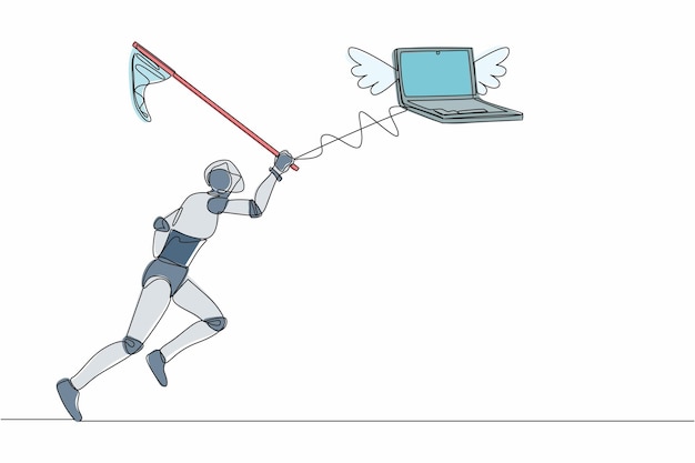 Continuous one line drawing robot tries to catch flying laptop with butterfly net design vector