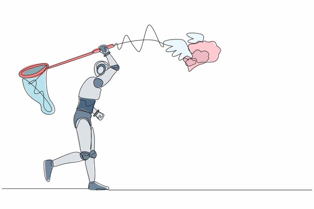 Continuous one line drawing robot try to catch flying brain with butterfly net Genius idea vector