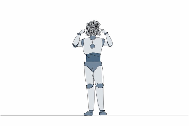Continuous one line drawing robot with round scribbles instead of head covering his ear with finger