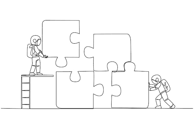 Continuous one line drawing two astronauts work to put together a square puzzle illustration