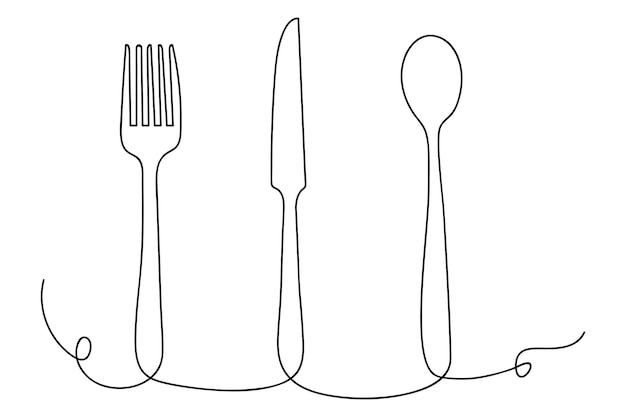 continuous one line knife and fork outline vector art illustration