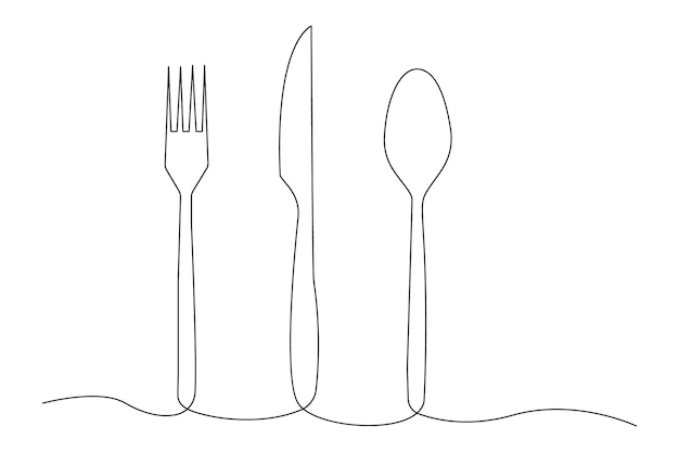 continuous one line knife and fork outline vector art illustration