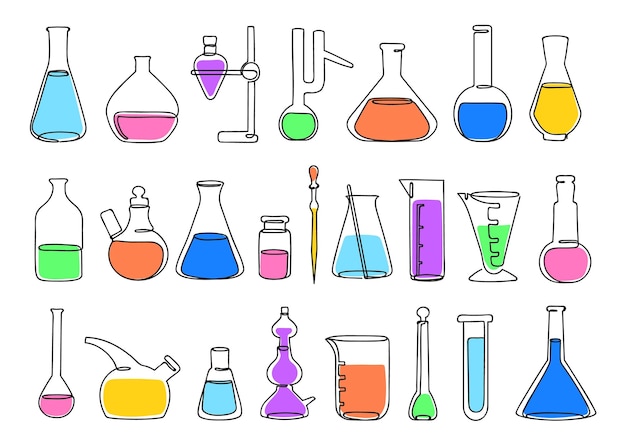 continuous one line science lab chemistry laboratory equipment icons of flasks beakers and test tubes vector illustration set
