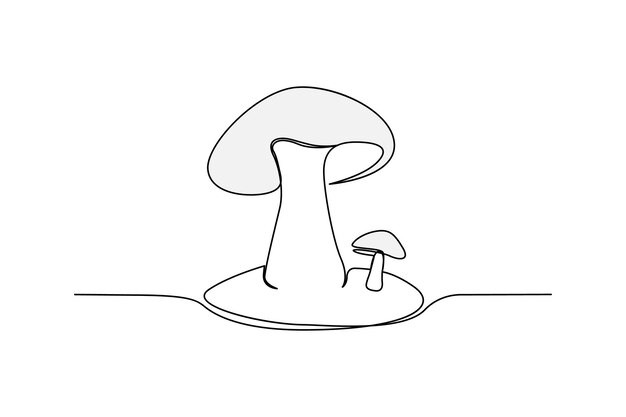 Continuous one line sepia magic mushroom and outline vector art illustration
