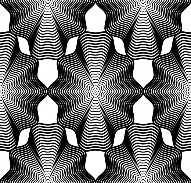 Continuous vector pattern with black graphic lines, decorative abstract background with geometric figures. Monochrome ornamental seamless backdrop, can be used for design and textile.