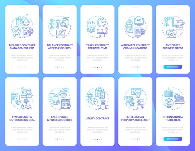 Contract management onboarding mobile app page screens set