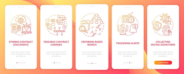 Contract management software functions onboarding mobile app page screen with concepts