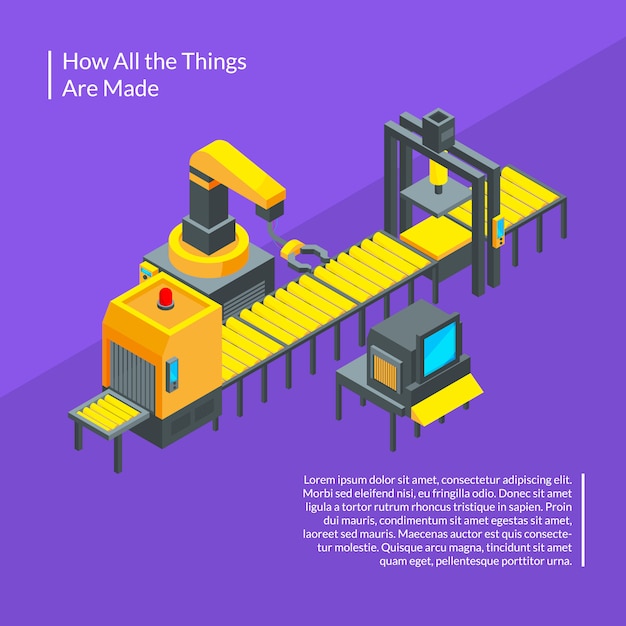 Conveyors work. Vector isometric conveyor elements concept illustration