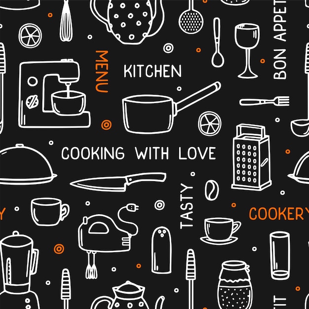 Cookery seamless pattern with kitchen utensil in doodle style.