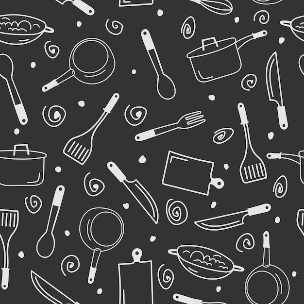 Cooking flat hand drawn seamless pattern Kitchenware