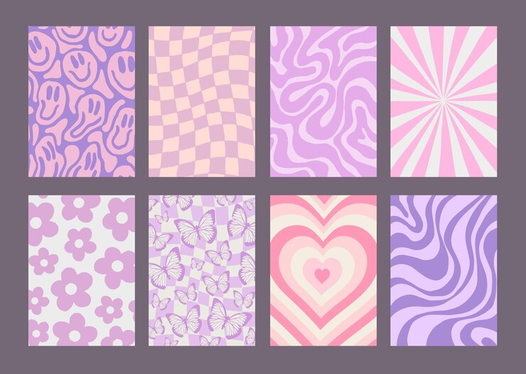 Vector cool groovy pattern posters collection set of y2k hand drawn textures trendy abstract backgrounds psychedelic funky retro backdrops