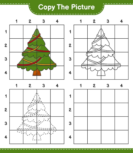 Copy the picture, copy the picture of Christmas Tree using grid lines. Educational children game, printable worksheet, vector illustration