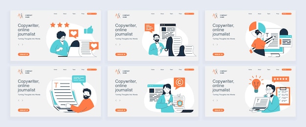 copywriter concept of landing page with slide templates set in flat design website headers with people working as online journalists write articles make posts in social media vector illustrations