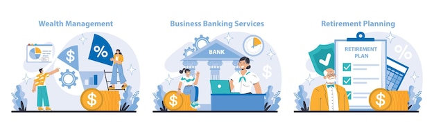 Core banking service suite guiding wealth management business banking and retirement preparation