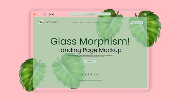 Cosmetic brand landing page mockup abstract transparent glass morphism effect on pink background