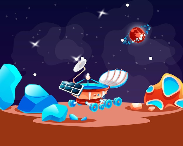 Cosmic background with moonwalker in dark space alien planet deserted landscape with mountains and stones stars shine in space Extraterrestrial computer game backdrop with moon rover or spaceship