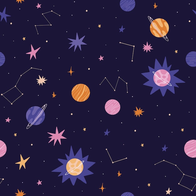 Cosmos and planets seamless pattern
