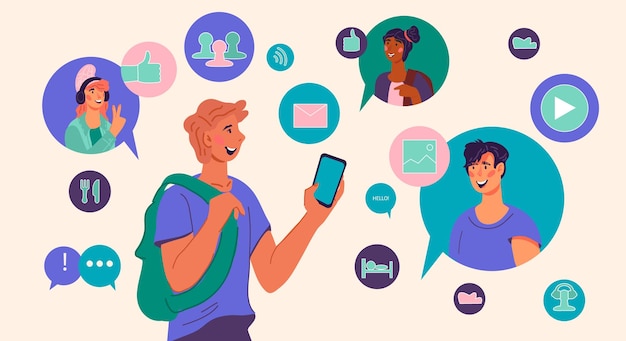 Couchsurfing and tourists feedback application banner flat vector illustration