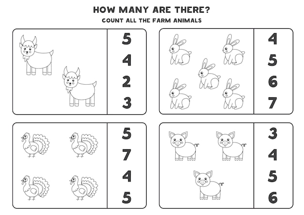 Count all black and white farm animals and circle the correct answers. Math game for kids.