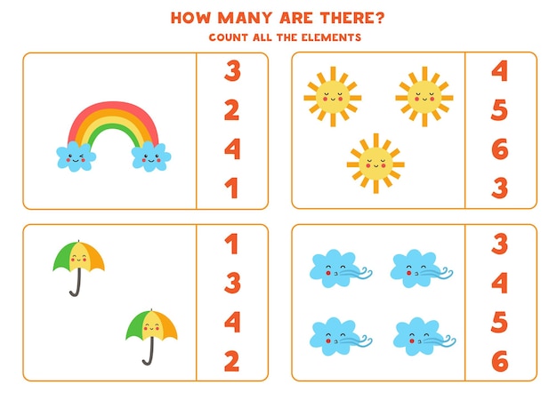 Count all weather elements and circle the correct answers. Math game for kids.