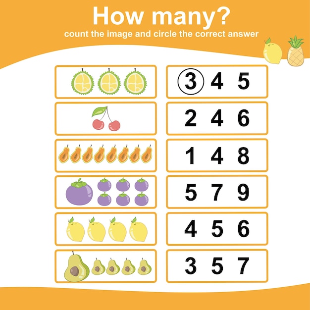 Count and circle answer for children. Educational printable math worksheet for children. Vector File