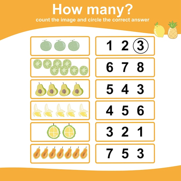 Count and circle answer for children. Educational printable math worksheet for children. Vector File