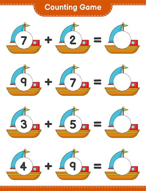 Count and match, count the number of Boat and match with the right numbers. Educational children game, printable worksheet, vector illustration