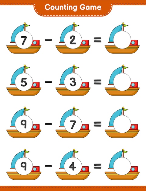 Count and match, count the number of Boat and match with the right numbers. Educational children game, printable worksheet, vector illustration