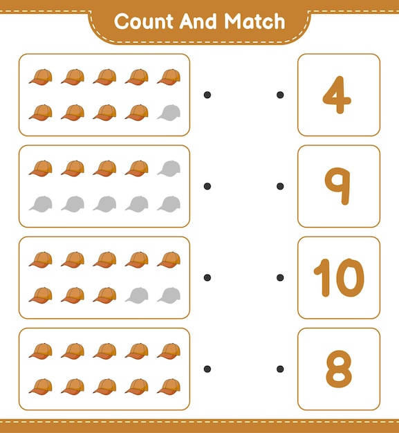 Count and match count the number of Cap Hat and match with the right numbers Educational children game printable worksheet vector illustration