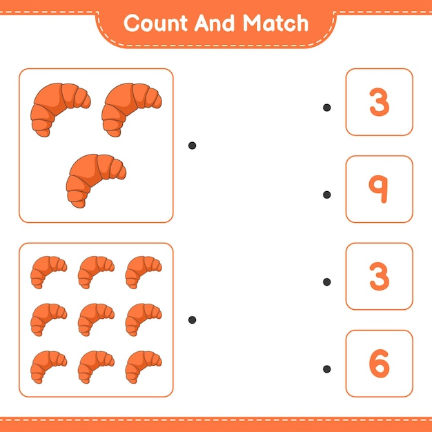 Count and match, count the number of Croissant and match with the right numbers. Educational children game, printable worksheet, vector illustration