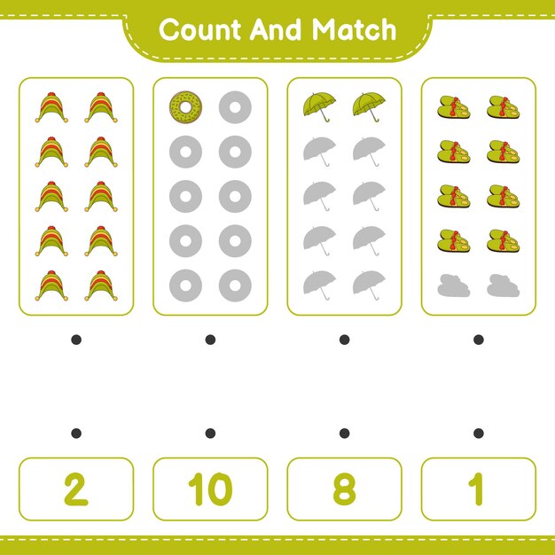 Count and match, count the number of Donut, Slippers, Umbrella, Hat and match with the right numbers. Educational children game, printable worksheet, vector illustration