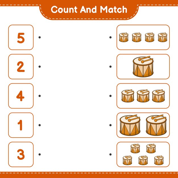 Count and match, count the number of Drum and match with the right numbers. Educational children game, printable worksheet, vector illustration