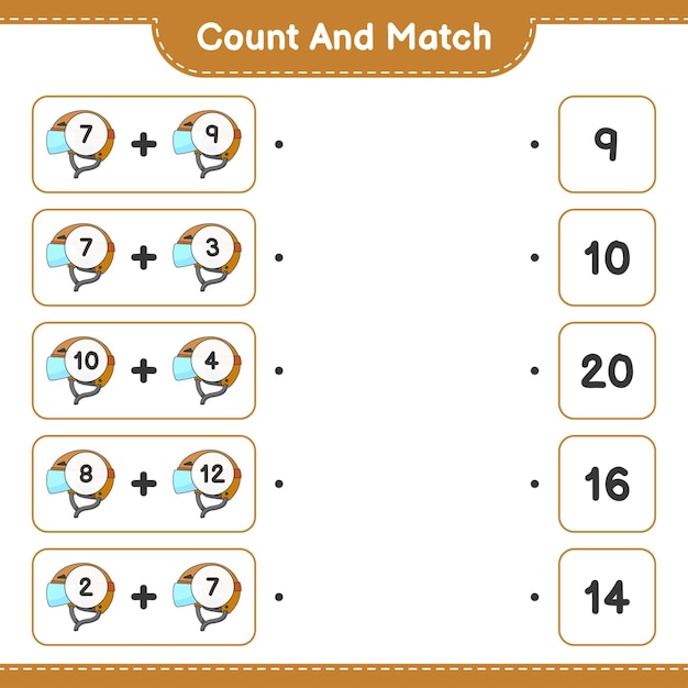 count and match count the number of hockey helmet and match with the right numbers educational children game printable worksheet vector illustration