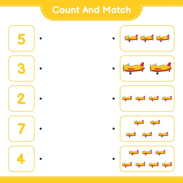 Count and match, count the number of Plane and match with the right numbers. Educational children game, printable worksheet, vector illustration