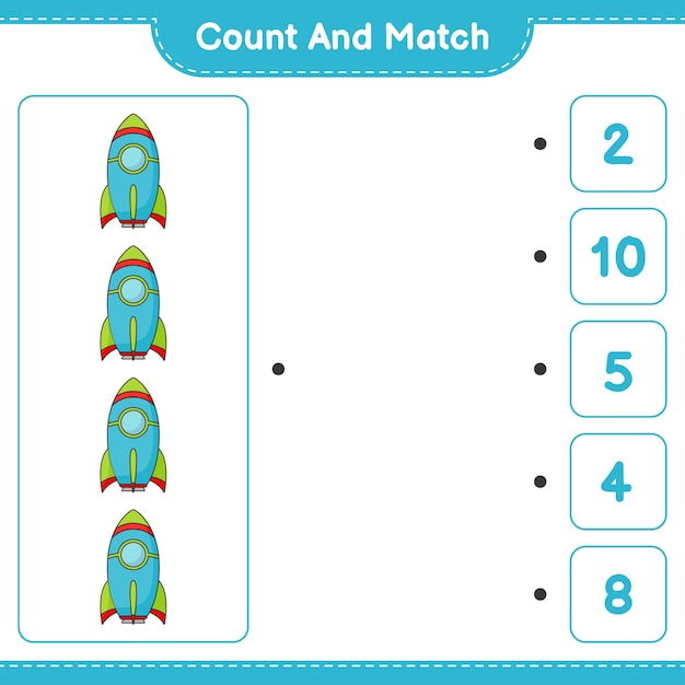 Count and match, count the number of Rocket and match with the right numbers. Educational children game, printable worksheet, vector illustration